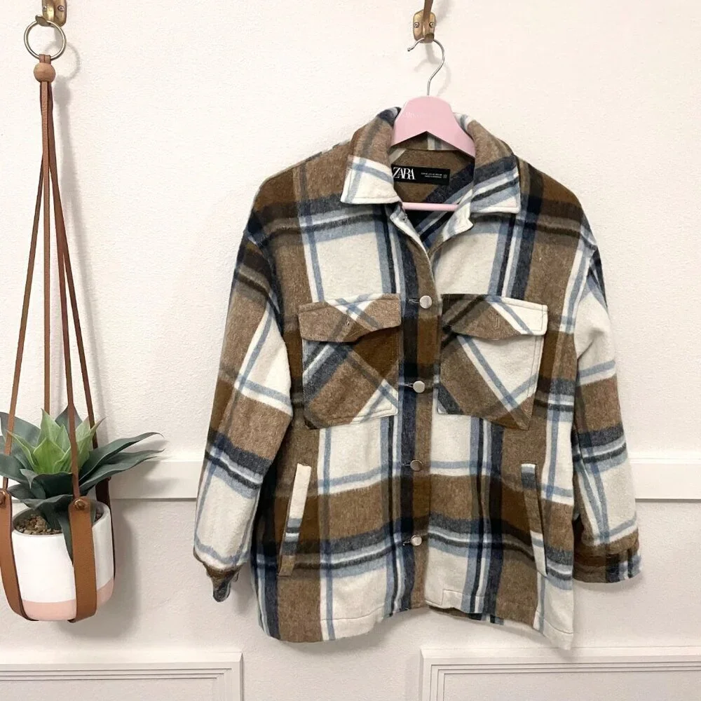 Zara Plaid Tan Blue Long Sleeve Button Front Flannel Shacket Size XS 8682/190/08